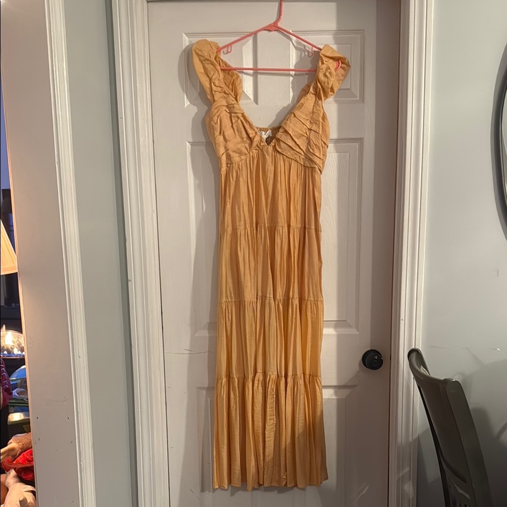Yellow Ruched Maxi Dress with V-Neck